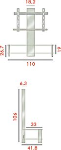 Tv-møbel i glas og metal med drejelig midterhylde, detaljerede mål i centimeter på den tekniske tegning
