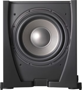 JBL SUB550P sort baskabin, frontvisning, central rund højttaler, sort gitter, rektangulært sort kabinet