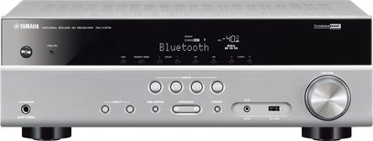 Yamaha RX-V479 titano namų kino stiprintuvas, priekinis skydelis su mėlynu ekranu, valdymo mygtukais ir rankenėlėmis, USB prievadas