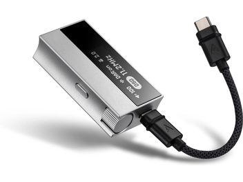 Φορητός μετατροπέας ήχου Astell&Kern AK-HC5 ασημί με μαύρη οθόνη, πλαϊνή ροδέλα και πλεκτό καλώδιο USB-C