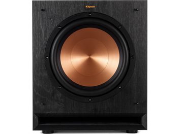 Klipsch SPL-100 baslåda, frontvy, svart texturerat kabinett, cirkulär kopparhögtalare, svart kant, synliga fötter