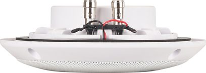Altavoz de techo empotrable ArtSound MDC6.2 blanco visto de perfil, con rejilla redonda y bornes de conexión con cables visibles