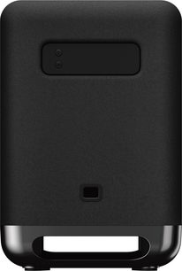 Μαύρο υπογούφερ Sony SA-SW5 με ακουστικό ύφασμα και γυαλιστερό πλαστικό, ορθογώνιο σχήμα με στρογγυλεμένες γωνίες, πάνελ με δύο κουμπιά, κεντρικό τετράγωνο άνοιγμα και μεγάλο διάτρητο αεραγωγό στη βάση, όψη από μπροστά