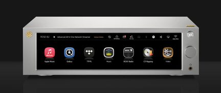 Silver aluminum network audio player, front view, large color screen with icons, power button, dial, headphone jack
