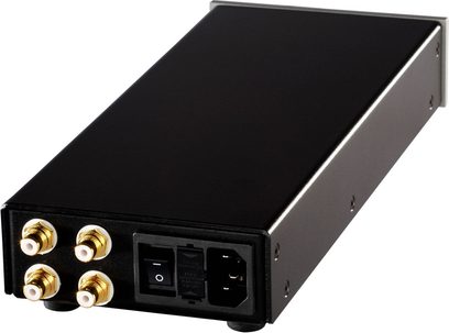 Předzesilovač sluchátek Lehmann Audio Linear stříbrný, černý obdélníkový kryt, 4 pozlacené RCA konektory, vypínač, jack konektor