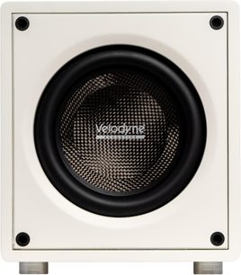 Velodyne VI-Q 10 witte subwoofer, vooraanzicht, centrale zwarte luidspreker op witte vierkante voorkant