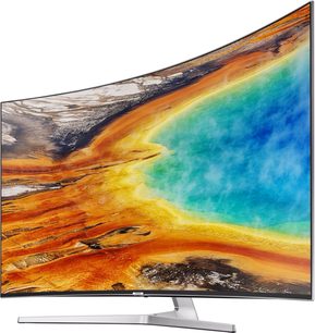 Samsung UE65MU9005 buet TV set forfra, tændt skærm viser varme og kontrastrige farver