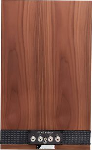 Cassa acustica da libreria Fyne Audio Classic VIII SM, vista posteriore, legno scuro, morsettiera a 4 connettori, fascia in tessuto grigio