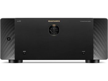 Forside af en sort Marantz AMP 10 multikanals effektforstærker med rund skala, guldfarvet logo og knapper