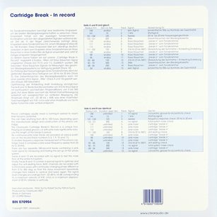 Dobbeltsidet brochure til Clearaudios "Cartridge Break-In record" vinylplade til indkøring og justering af pladespillere, tekst på engelsk og tysk, stregkode