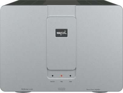 Augstas precizitātes jaudas pastiprinātājs SPL Performer S1200 sudraba krāsā ar taisnstūra priekšpusi, centrētu logotipu un trim indikatoriem apakšā
