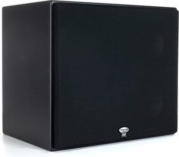 THX-6000-LCR (R) czarny głośnik kina domowego, widok pod kątem, przód pokryty tkaniną, logo na dole pośrodku