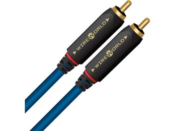 Wireworld Stream 10 RCA μπλε, με επένδυση PVC, αρσενικά βύσματα RCA σε μαύρο ματ με χρυσό λογότυπο, κόκκινο δαχτυλίδι και επιχρυσωμένες ακίδες, πλάγια κοντινή λήψη