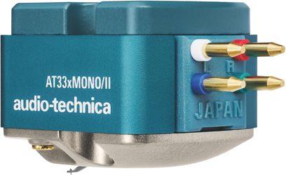 Monofonní přenoska Audio-Technica AT33xMONO/II, modrý kovový kryt, pozlacené kolíky s barevným značením L/R, pohled z pravého profilu