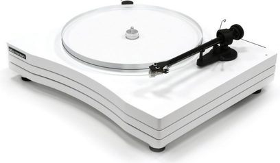 Witte New Horizon 203 platenspeler met witte VM520EB element, bovenaanzicht, toonarm met element, witte draaitafel