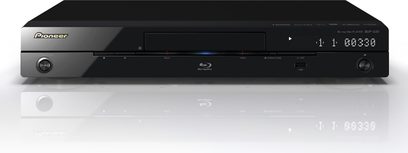 Pioneer BDP-330 sort Blu-ray-afspiller, front med LED-display og skuffe, bagside med tilslutninger, set forfra