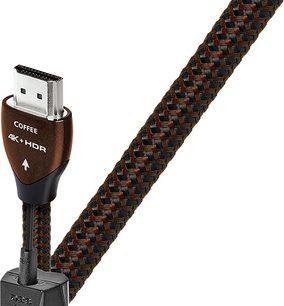1,5 meter Audioquest Coffee HDMI-kabel med brunt USB-stik og sort og rød flettet kappe, set fra siden