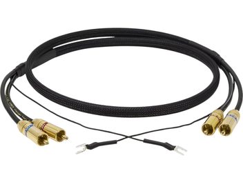 Kabel RCA-RCA s černým opleteným pláštěm, pozlacenými konektory, červeným a modrým označením a kovovými vidlicemi na koncích