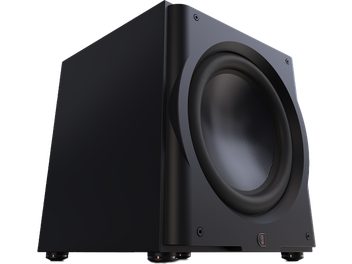 Caisson de grave Perlisten R15s, vue en angle, boîtier noir, haut-parleur circulaire, surface lisse, pieds visibles