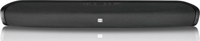 Soundbar JBL SB 200 nera, vista frontale, forma rettangolare allungata con estremità arrotondate, griglia nera sulla parte anteriore