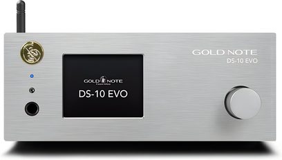 Gold Note DS-10 EVO netværksafspiller i sølv, front i børstet aluminium med centralt display og stor højre drejeknap