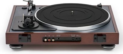 Giradischi hi-fi Thorens TD 102 A in noce lucido, vista dall'alto, piatto nero, braccio di lettura argentato, pulsanti e prese sulla parte anteriore