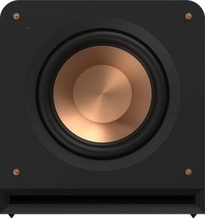 Klipsch RP-1200SW sort subwoofer i sort, kobberfarvet højttaler, forgyldte håndtag, koniske fødder