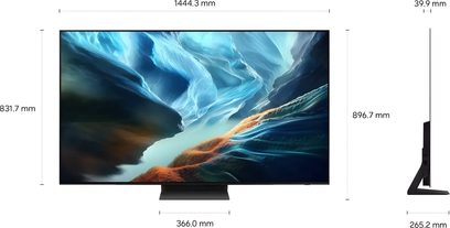 Televizor Samsung TQ65S92H pohled zepředu a z profilu, černá plochá obrazovka s tenkým rámečkem a černým středovým stojanem