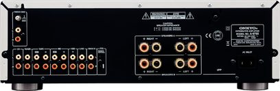 Onkyo A-9755 zwarte hi-fi stereo-versterker, voorkant, vooraanzicht, aansluitingen en bedieningen