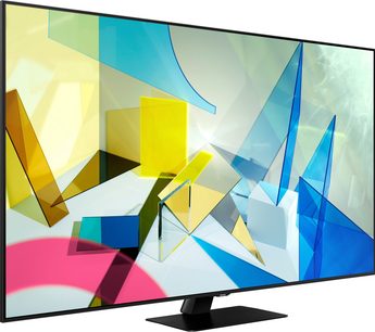Samsung QE50Q80T 2020, plochý obdélníkový televizor zobrazující abstraktní barevné geometrické tvary