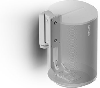 Biały uchwyt ścienny Flexson do Sonos Era 100, okrągła perforowana podstawa, wygięte i smukłe ramię pionowe