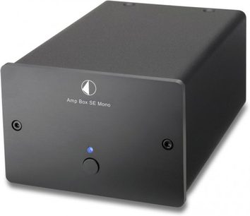 Pro-Ject Amp Box SE Mono sort forstærker, set forfra i perspektiv, minimalistisk front med blå LED