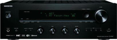 Onkyo TX-8150 sort hi-fi stereoforstærker, frontvisning, grøn display "NET My Favorites", sølvfarvede knapper og drejeknapper, hovedtelefonstik til venstre