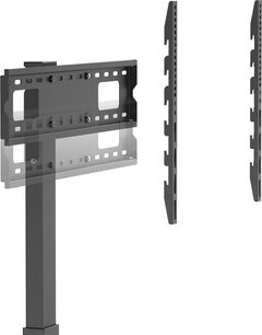 Norstone Pro Vision Plus matte black steel wall TV mount, perforated rectangular plate with two square openings, adjustable vertical rail and two independent side rails, three-quarter front view