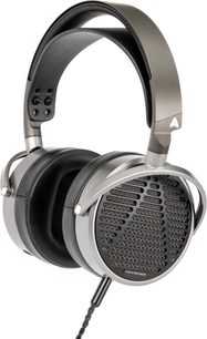 Atviros ausinės „Audeze MM-100", didelės ovalios ausinių pagalvėlės, juodi ausų pagalvėlės, pilkas metalinis lankelis, perforuotas tinklelis