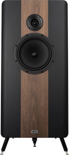 Diffusore a colonna Heco Direkt Premium, vista frontale, pannello nero con fascia centrale in legno, 2 altoparlanti circolari visibili