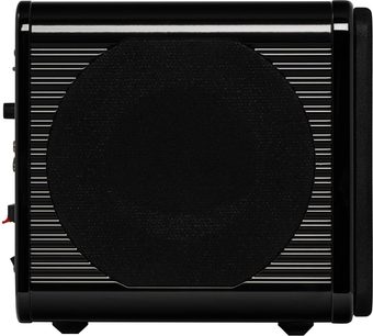 Velodyne MicroVee X subwoofer i sort højglans, set forfra med stor central cirkulær frontgrill