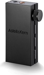 Přenosný audio převodník Astell&Kern AK-HB1 v černé barvě, pohled zepředu, s ovládacím kolečkem a logem na přední straně