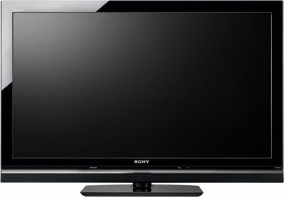Televizor Sony KDL-37W5500 s plochou černou obrazovkou, pohled zepředu, vypnutý, na tmavě šedém pozadí