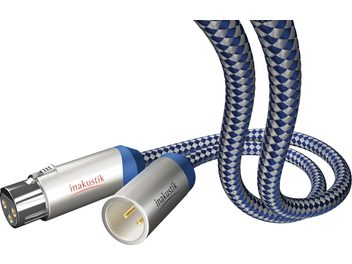 Analogowy kabel audio XLR Inakustik NF-XLR 1,5 m z metalowymi srebrnymi złączami, niebieskimi końcówkami i plecionym oplotem w kolorach niebieskim i szarym