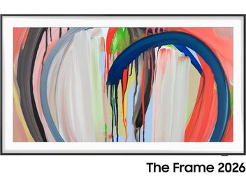 Samsung The Frame TV TQ55LS03HA med tunn svart ram som visar en färgstark abstrakt målning framifrån