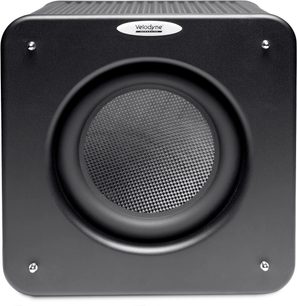 Velodyne MicroVee X sort subwoofer, frontpanel, rund højttaler, metalrist, hvidt logo