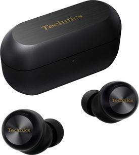 Bezprzewodowe słuchawki hi-fi Bluetooth Technics EAH-AZ100E czarne, prostokątne zaokrąglone etui z złotym logo, 2 okrągłe słuchawki