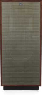 Sloupcový reproduktor Klipsch Forte IV Auburn pohled zepředu, dřevěný rám v barvě auburn, síťovina z béžové tkaniny, černý podstavec
