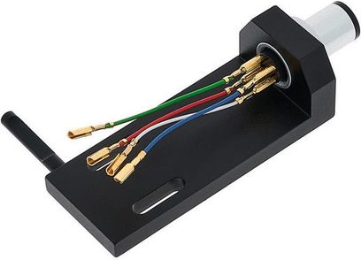 Porta testina Ortofon LH-2000, vista prospettica, connettori dorati, fili rosso, blu, verde, bianco, corpo nero, tubo bianco