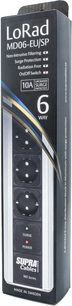 Extensão MD06-EU/SP MK3 com interruptor, 6 tomadas, corpo retangular vertical, acabamento em alumínio, indicadores luminosos