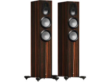 Акустична колонка Monitor Audio Gold 300 6G macassar, вид спереду, 2 динаміки, темне дерев'яне покриття, чорні підставки