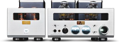 Preamplificatore cuffie hi-fi Cayin HA-300MK2 argento in alluminio spazzolato, vista frontale su due telai separati con finestre rettangolari che rivelano le valvole, placca centrale dorata, grandi manopole rotonde retroilluminate e prese cuffie XLR e jack