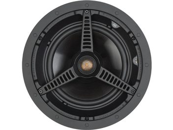 Monitor Audio Core C180 sisseehitatud kõlar, vaade eest, must restiga kuldse kõrgsageduskõlariga keskel, nähtavad kinnitused