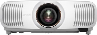 Epson EB-QB1000 hvid, frontvisning, rektangulært kabinet, central linse, sidegitre, synlige fødder